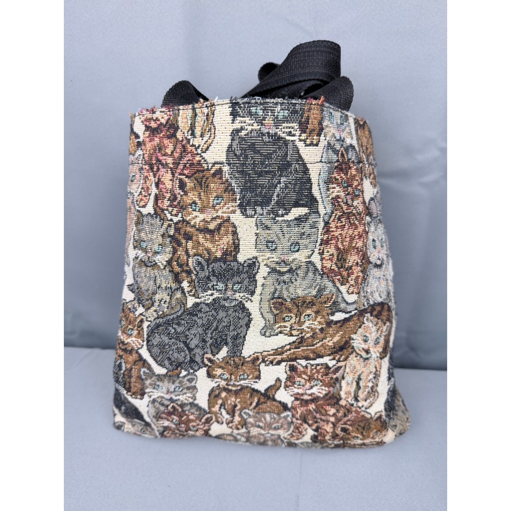 Vintage Woven Cat Tapestry Tote Bag Kitten Print Shoulder Bag Ramie Blend